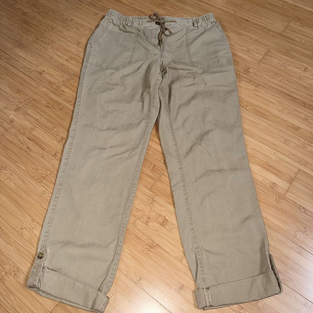 Lands End Pants Womens 8 Khaki Cotton Roll Tab Cuff Mid Rise Straight Leg 32”